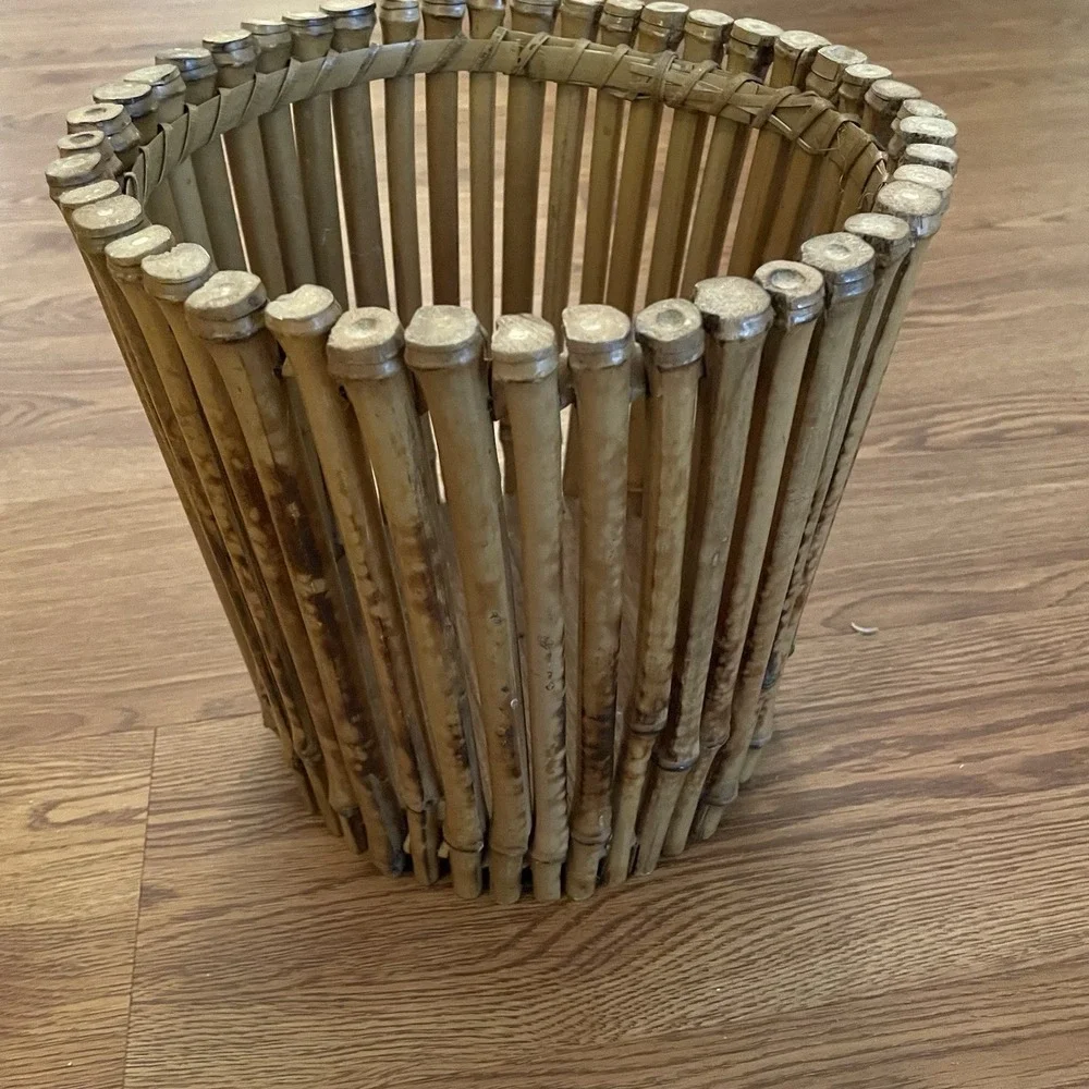 Vintage Mid-Century Burnt Bamboo Waste Basket / Boho Chic Planter